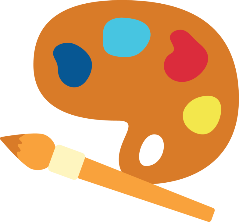 An animated paint set and paint brush. The paint colors shown are a dark blue, aqua blue, red, and yellow.