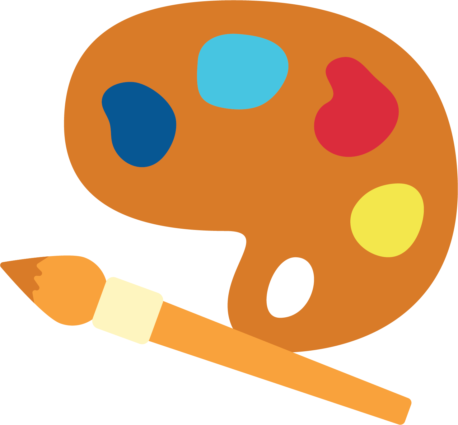 An animated paint set and paint brush. The paint colors shown are a dark blue, aqua blue, red, and yellow.