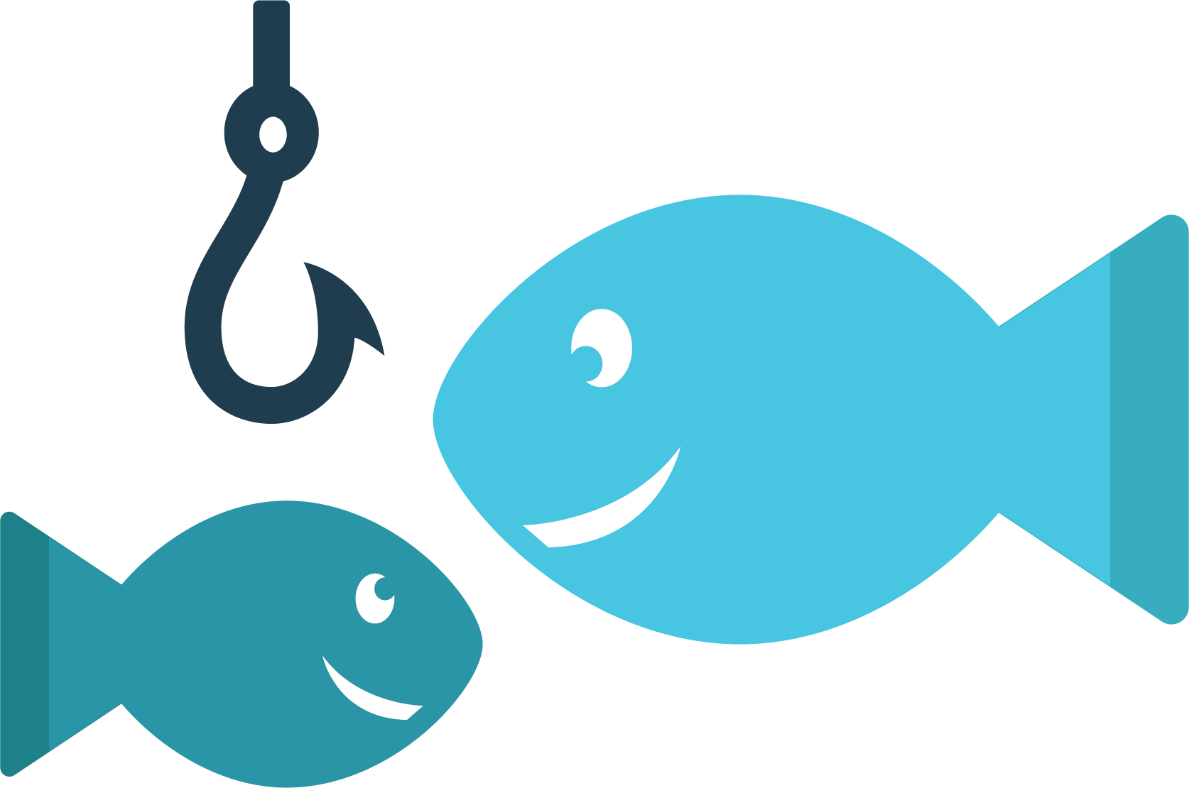 two blue animated fish with smiles. there is a hook coming down.