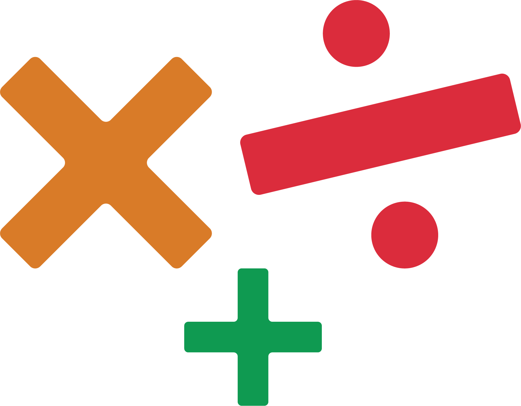 Animated math symbols. A green addition (+) sign, a red divide sign, and an orange multiplication (x) sign.