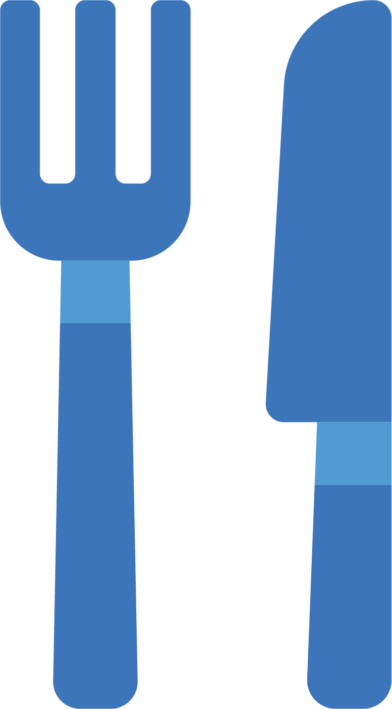 A blue animated fork icon and a blue animated knife icon.
