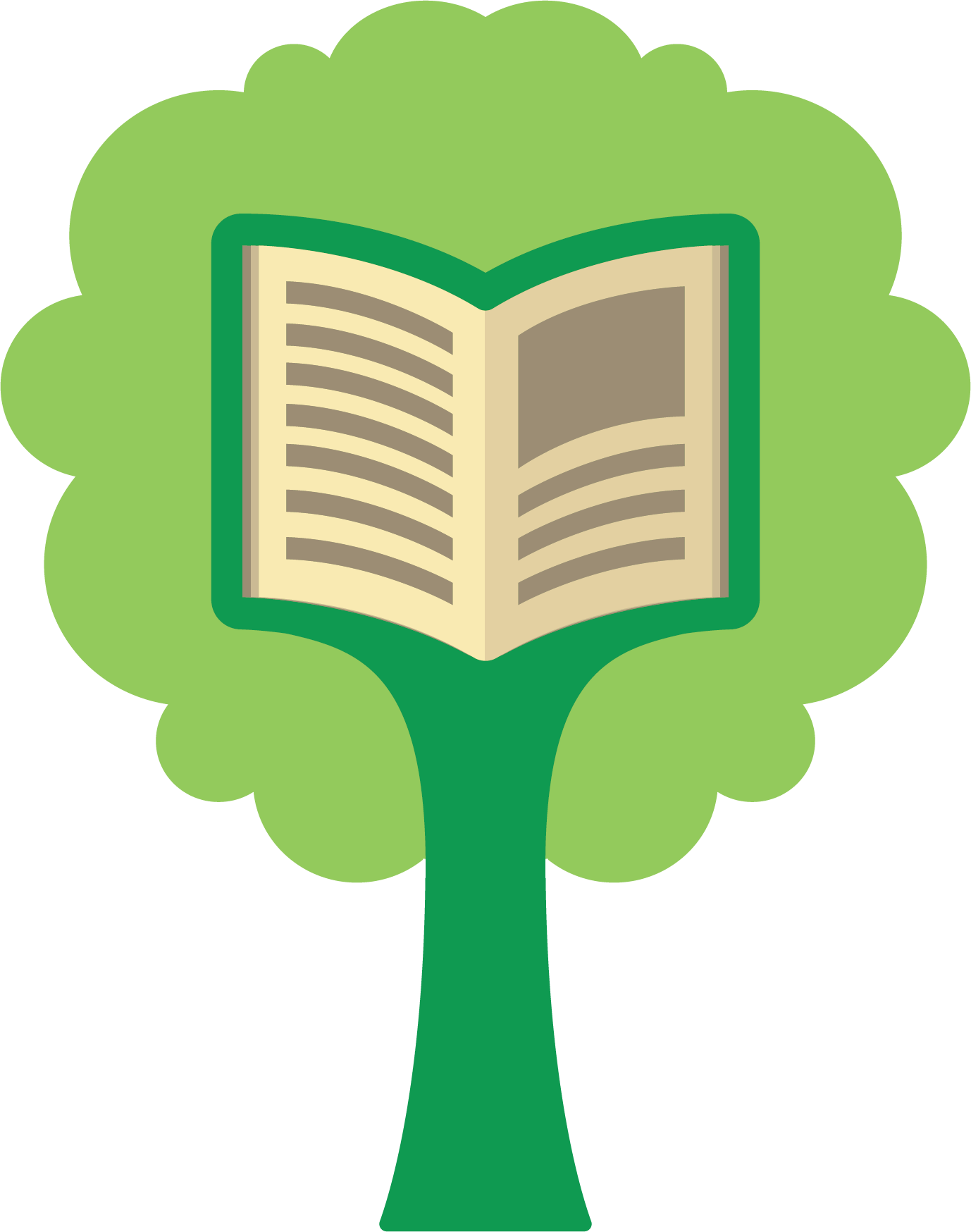 A green animated tree icon. There is a book in the center of the tree branches and it is open.