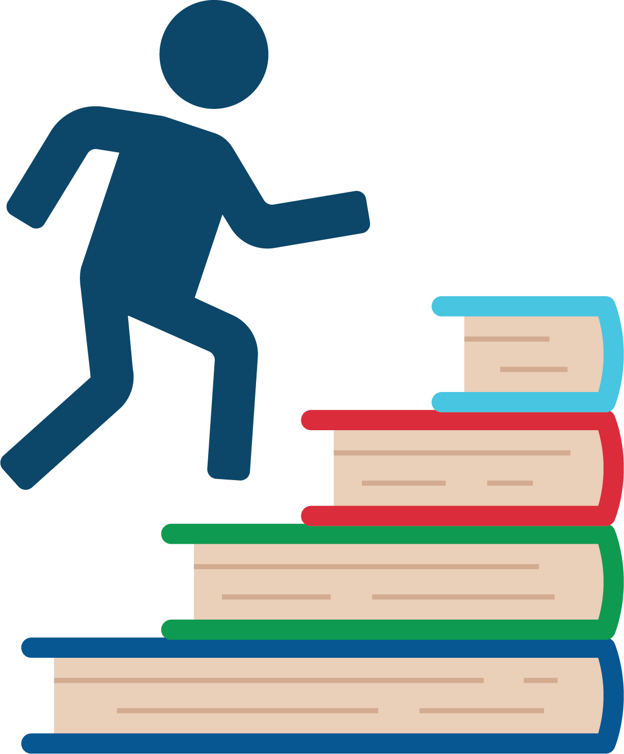 An animated image of a stick figure person running up a staircase made of four books. A dark blue book on the bottom, a green book second to the bottom, a red book second from the top, and a bright blue book on top.