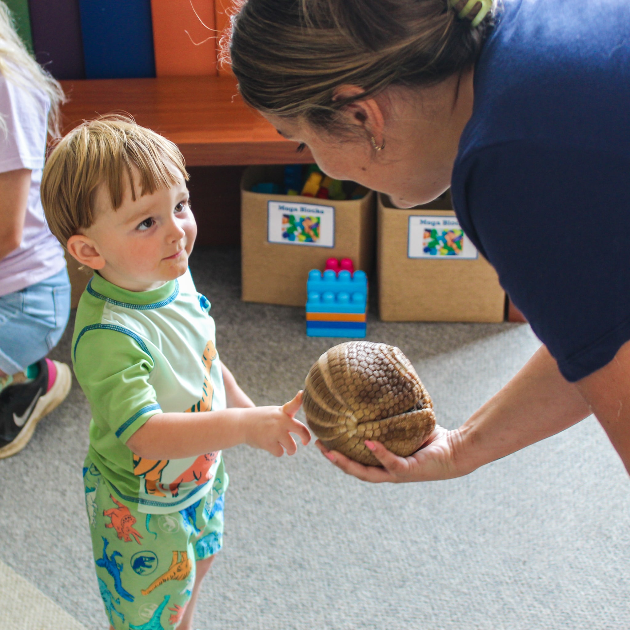 Young boy touching an armadillo held by a woman in a navy shirt.