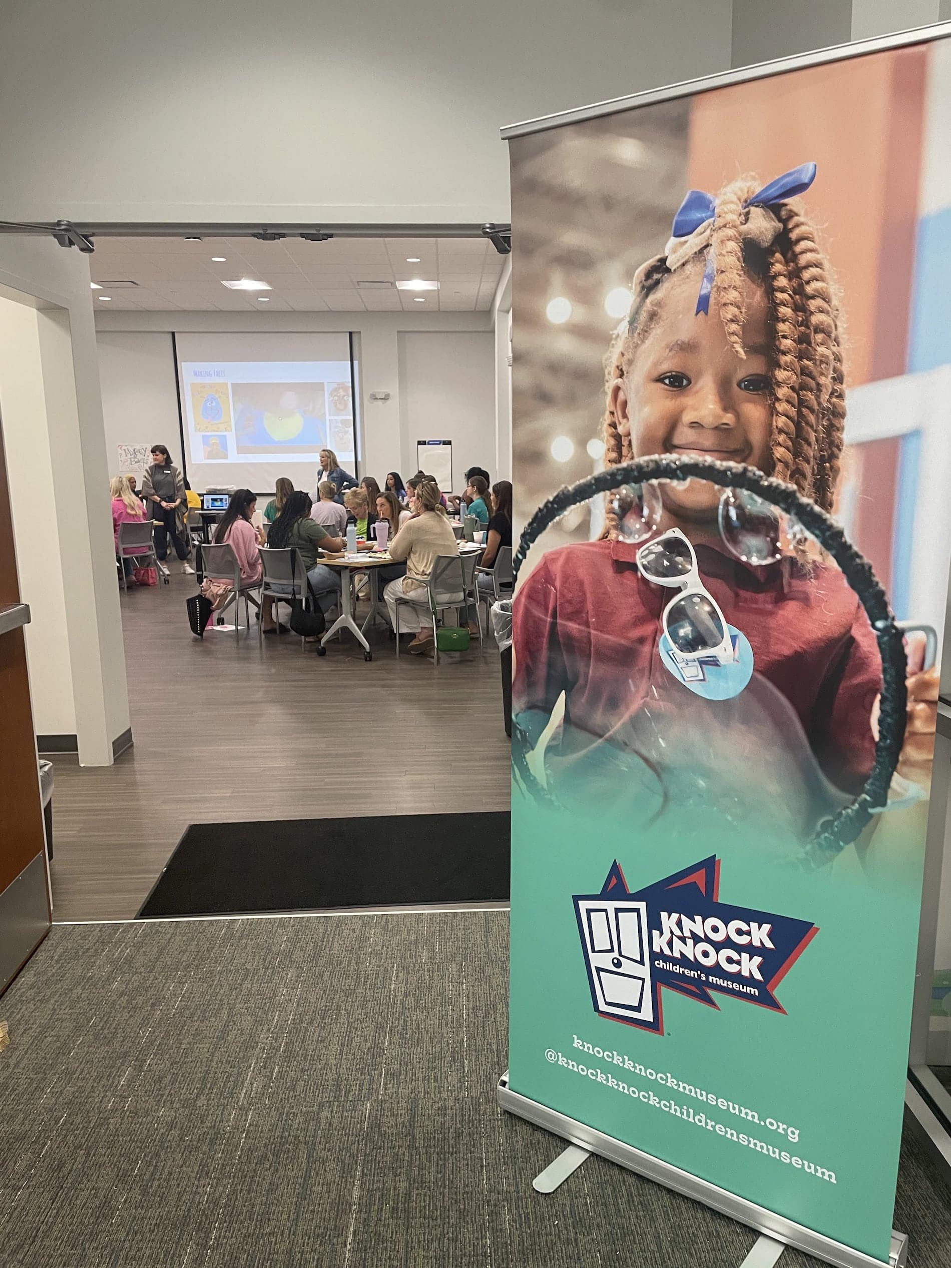 Banner with a photo of young girl playing with bubbles and the Knock Knock Logo with professional learning in the background.