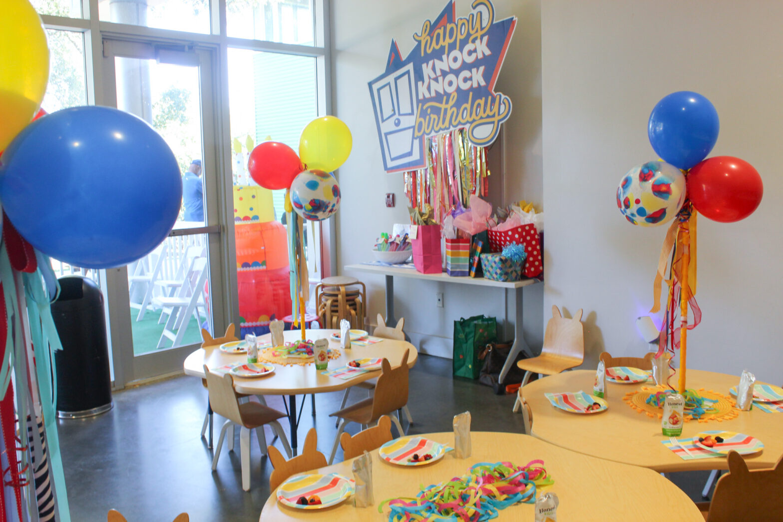 Knock Knock's Birthday party room is set-up for a party