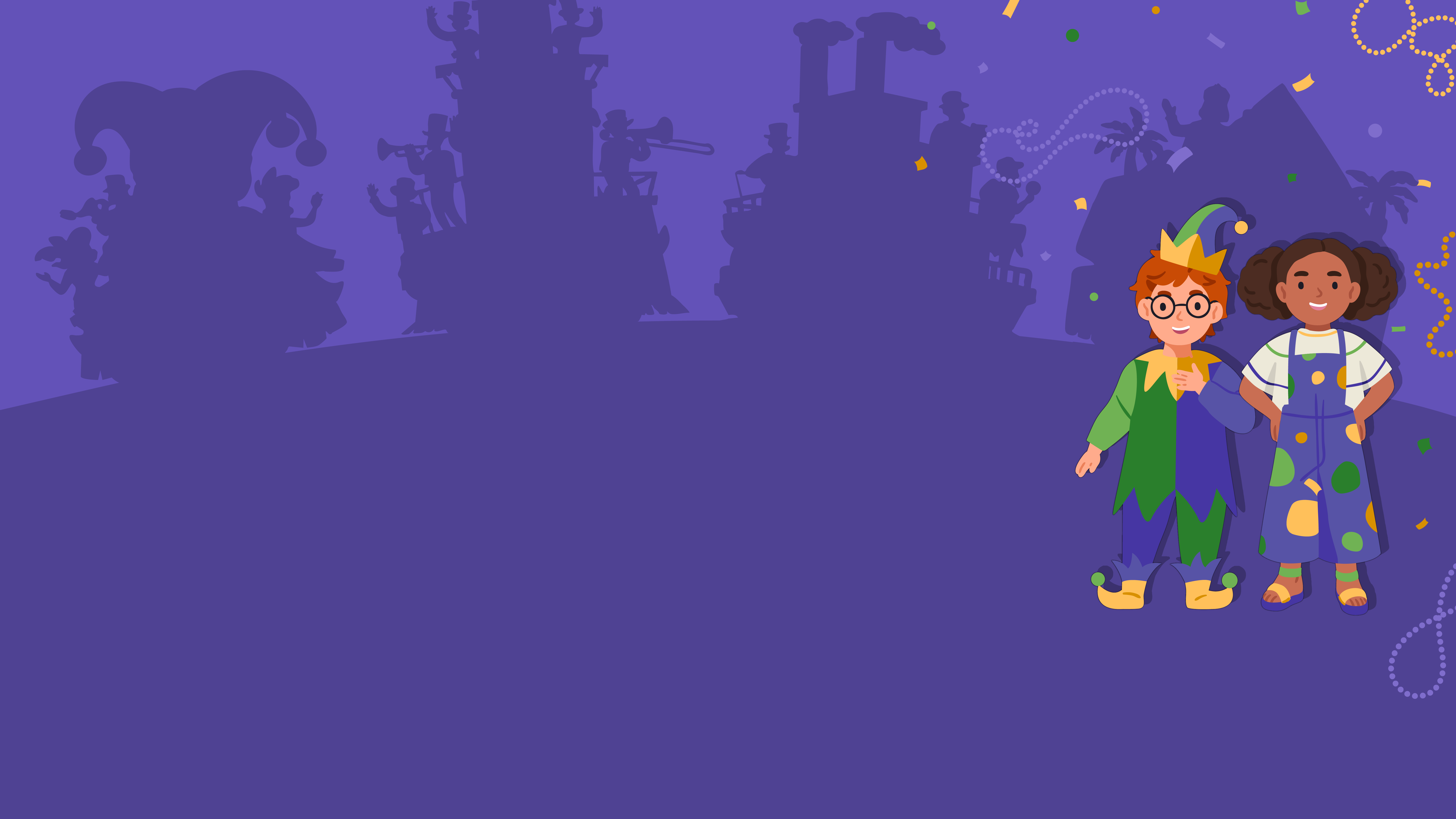 Background image of Mardi Gras floats and cartoon children dressed up in Mardi Gras outfits.